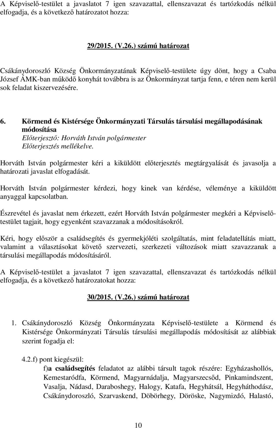 feladat kiszervezésére. 6. Körmend és Kistérsége Önkormányzati Társulás társulási megállapodásának módosítása Előterjesztő: Horváth István polgármester Előterjesztés mellékelve.