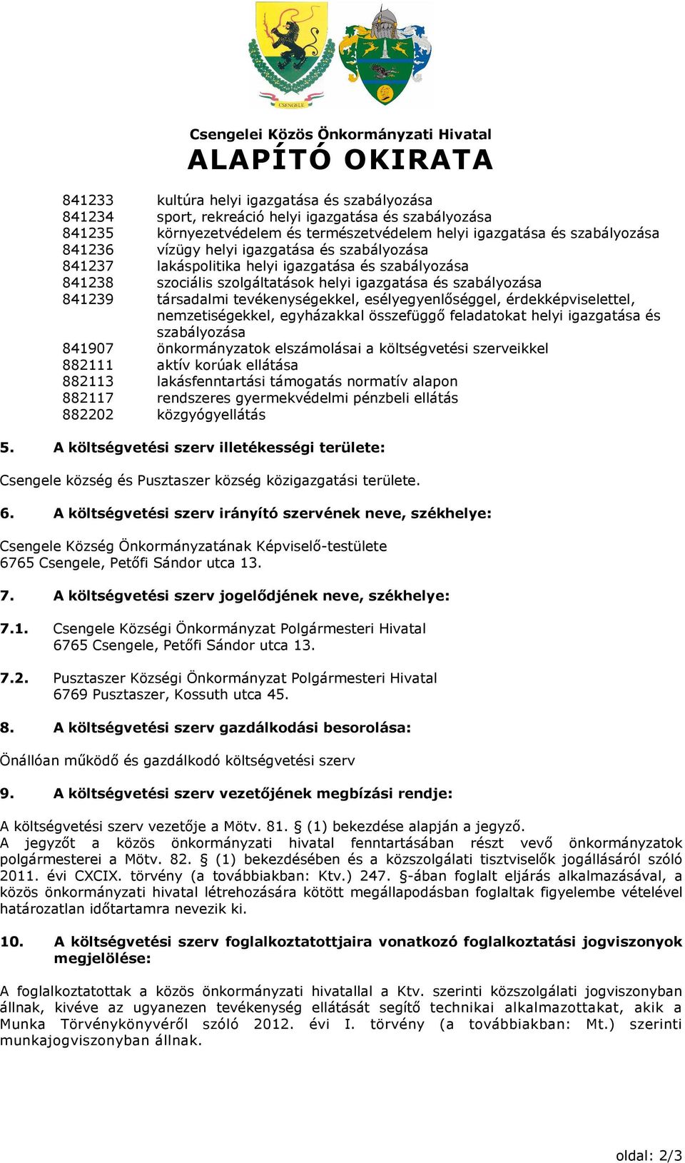 és szabályozása 841239 841907 882111 882113 882117 882202 társadalmi tevékenységekkel, esélyegyenlőséggel, érdekképviselettel, nemzetiségekkel, egyházakkal összefüggő feladatokat helyi igazgatása és