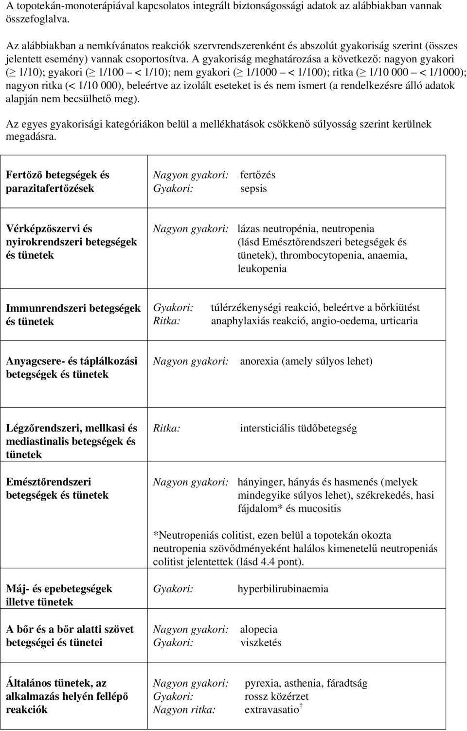 A gyakoriság meghatározása a következő: nagyon gyakori ( 1/10); gyakori ( 1/100 < 1/10); nem gyakori ( 1/1000 < 1/100); ritka ( 1/10 000 < 1/1000); nagyon ritka (< 1/10 000), beleértve az izolált