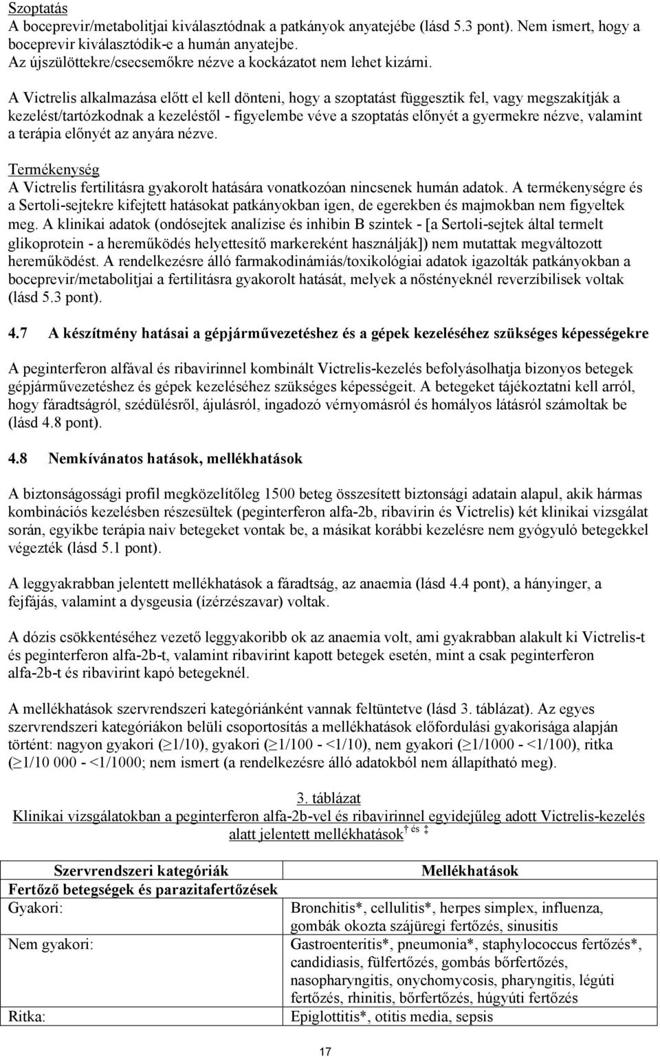 A Victrelis alkalmazása előtt el kell dönteni, hogy a szoptatást függesztik fel, vagy megszakítják a kezelést/tartózkodnak a kezeléstől - figyelembe véve a szoptatás előnyét a gyermekre nézve,