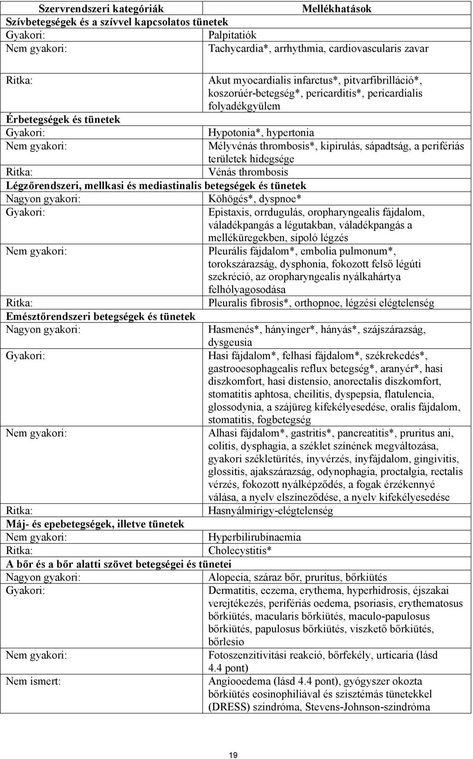 sápadtság, a perifériás területek hidegsége Ritka: Vénás thrombosis Légzőrendszeri, mellkasi és mediastinalis betegségek és tünetek Nagyon gyakori: Köhögés*, dyspnoe* Gyakori: Epistaxis, orrdugulás,