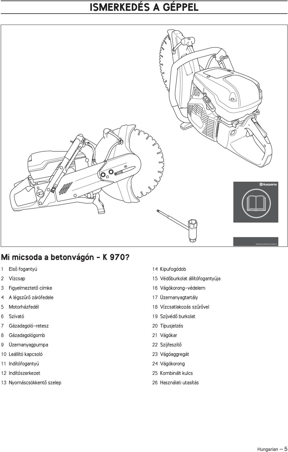 Üzemanyagpumpa 10 Leállító kapcsoló 11 Indítófogantyú 12 Indítószerkezet 13 NyomáscsökkentŒ szelep 14 Kipufogódob 15 VédŒburkolat