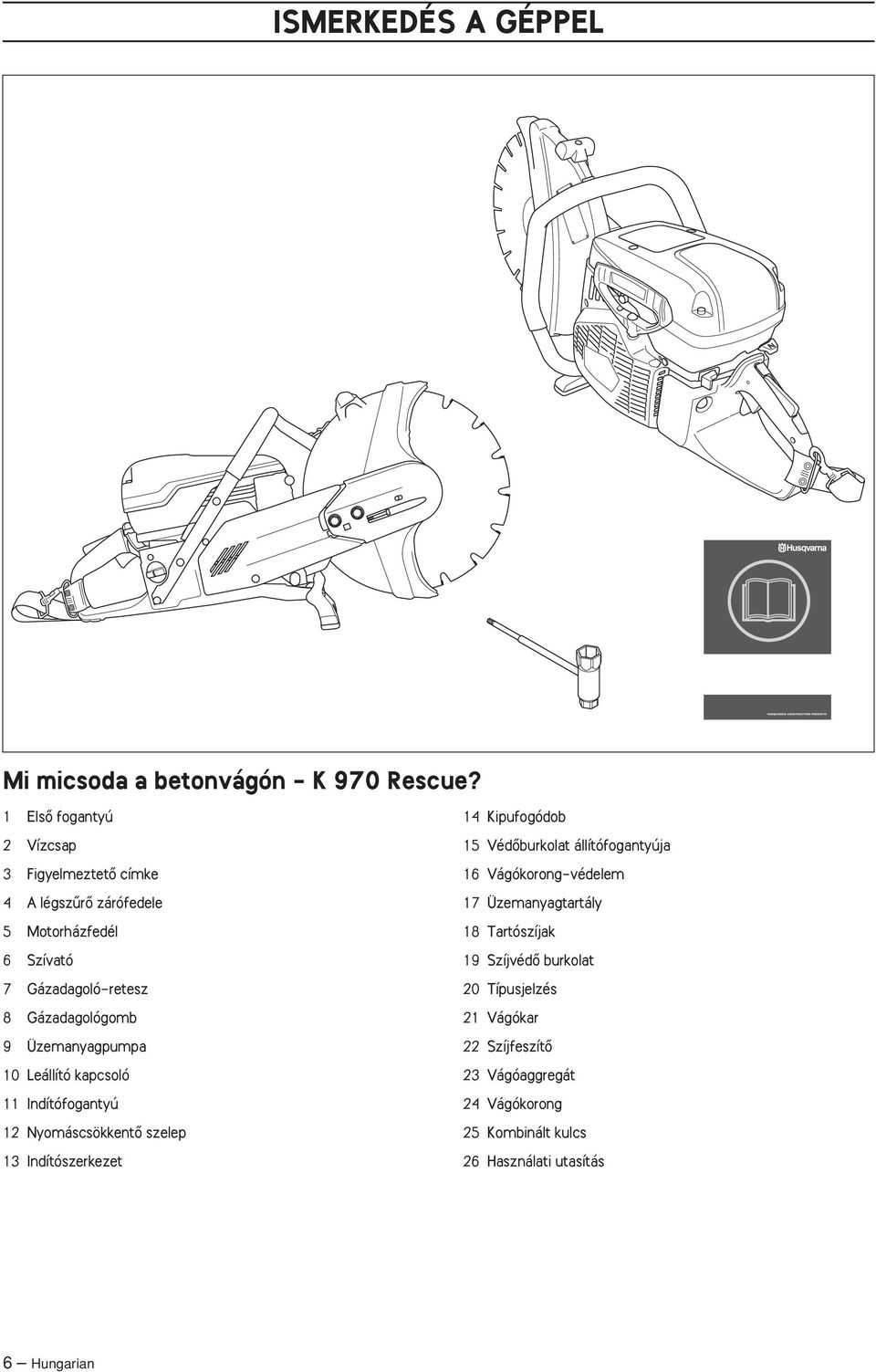 Üzemanyagpumpa 10 Leállító kapcsoló 11 Indítófogantyú 12 NyomáscsökkentŒ szelep 13 Indítószerkezet 14 Kipufogódob 15 VédŒburkolat