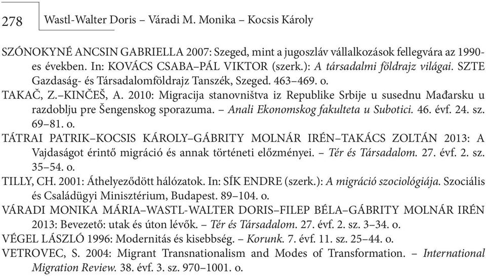 2010: Migracija stanovništva iz Republike Srbije u susednu Mađarsku u razdoblju pre Šengenskog sporazuma. Anali Ekonomskog fakulteta u Subotici. 46. évf. 24. sz. 69 81. o.