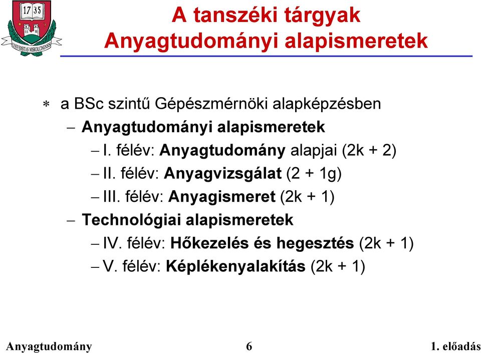 félév: Anyagvizsgálat (2 + 1g) III.