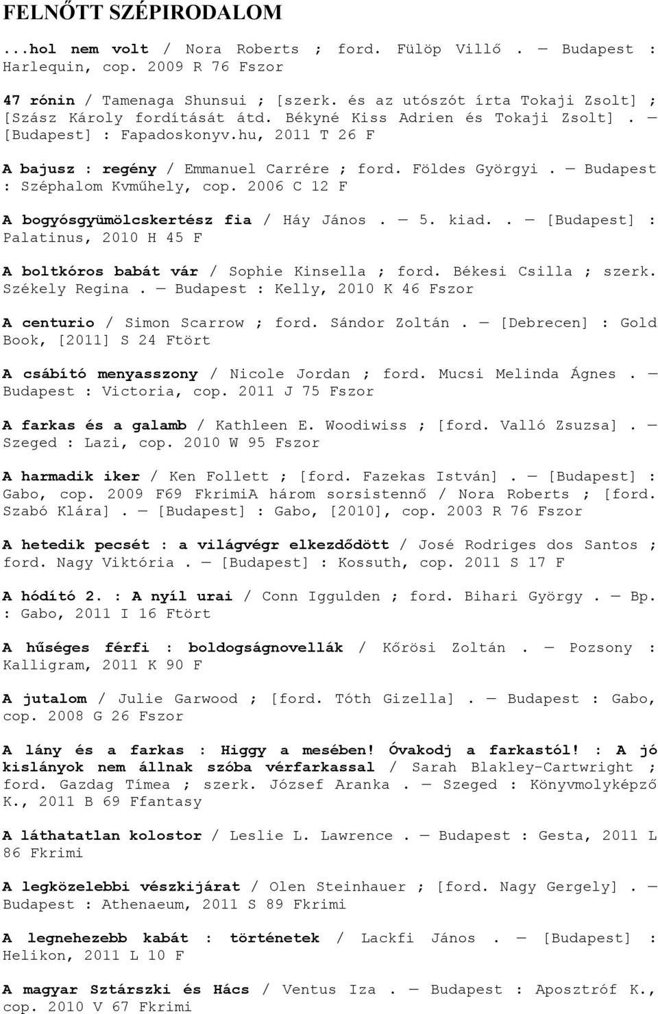 Földes Györgyi. Budapest : Széphalom Kvműhely, cop. 2006 C 12 F A bogyósgyümölcskertész fia / Háy János. 5. kiad.. [Budapest] : Palatinus, 2010 H 45 F A boltkóros babát vár / Sophie Kinsella ; ford.