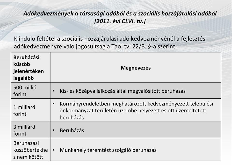 - a szerint: Beruházási küszöb jelenértéken legalább 500 millió forint 1 milliárd forint 3 milliárd forint Beruházási küszöbértékhe z nem kötöd