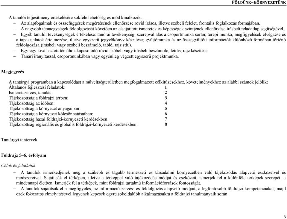 Egyéb tanulói tevékenységek értékelése: tanórai tevékenység; szerepvállalás a csoportmunka során; terepi munka, megfigyelések elvégzése és a tapasztalatok értelmezése, illetve egyszerű jegyzőkönyv