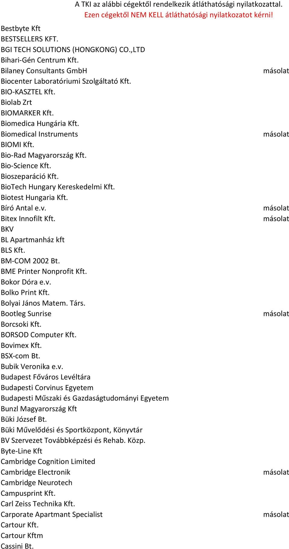 Bitex Innofilt Kft. BKV BL Apartmanház kft BLS Kft. BM-COM 2002 Bt. BME Printer Nonprofit Kft. Bokor Dóra e.v. Bolko Print Kft. Bolyai János Matem. Társ. Bootleg Sunrise Borcsoki Kft.
