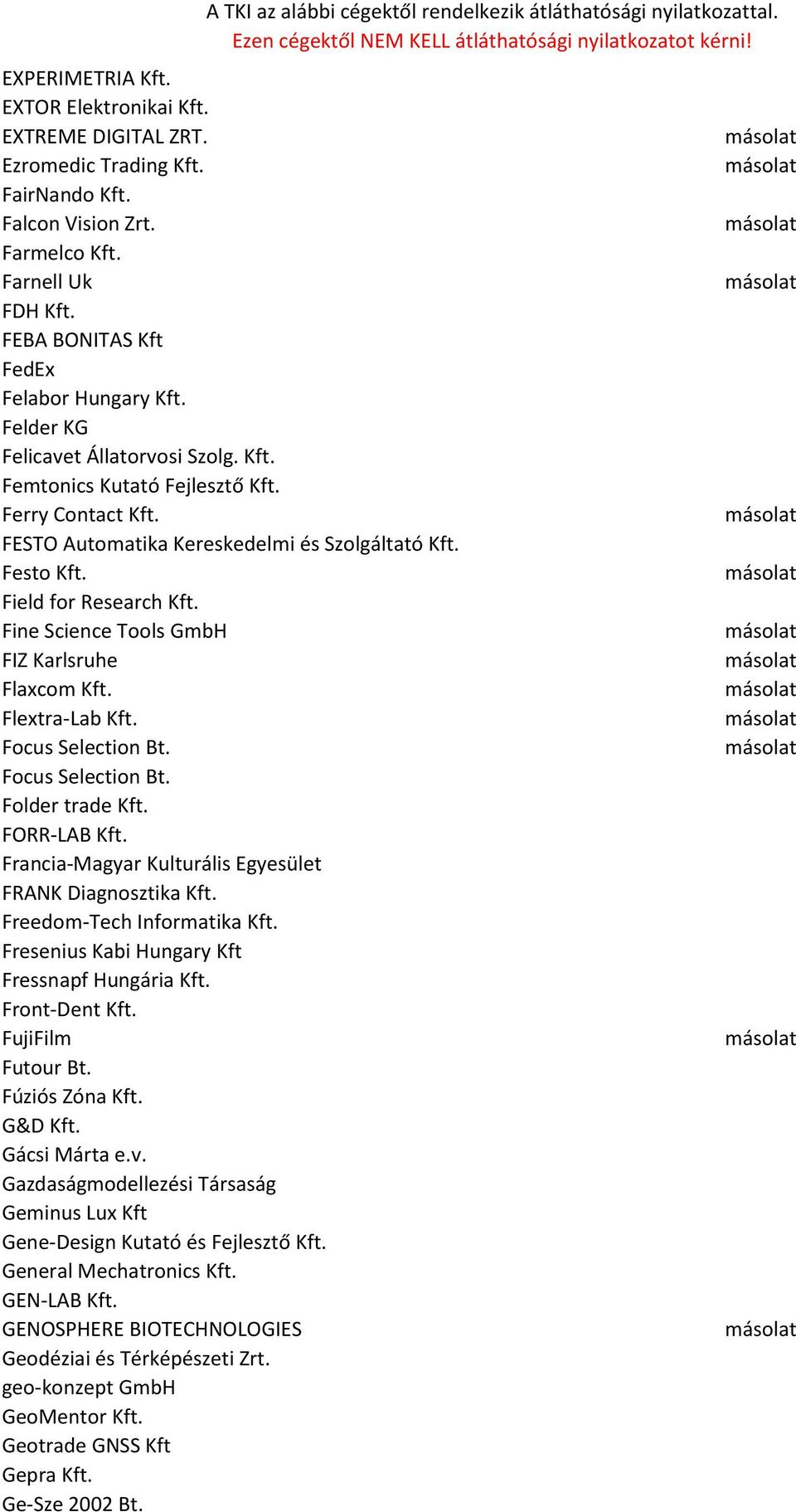 Fine Science Tools GmbH FIZ Karlsruhe Flaxcom Kft. Flextra-Lab Kft. Focus Selection Bt. Focus Selection Bt. Folder trade Kft. FORR-LAB Kft. Francia-Magyar Kulturális Egyesület FRANK Diagnosztika Kft.