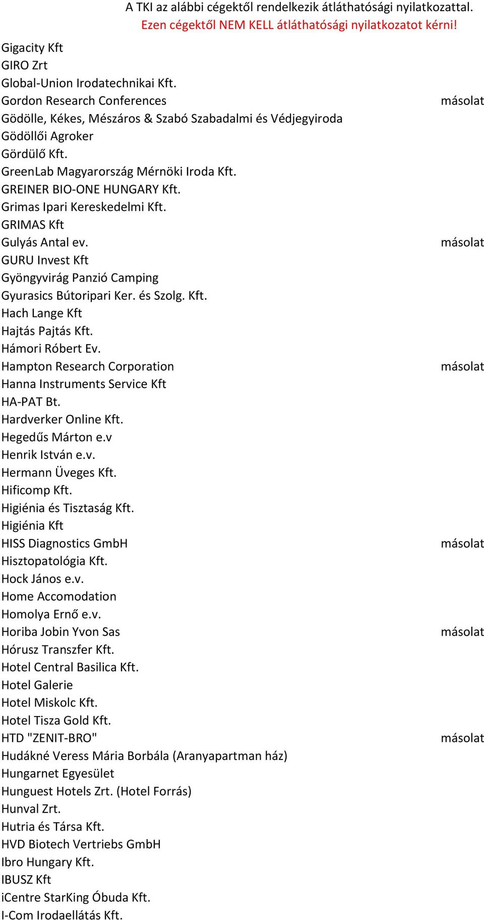 és Szolg. Kft. Hach Lange Kft Hajtás Pajtás Kft. Hámori Róbert Ev. Hampton Research Corporation Hanna Instruments Service Kft HA-PAT Bt. Hardverker Online Kft. Hegedűs Márton e.v Henrik István e.v. Hermann Üveges Kft.