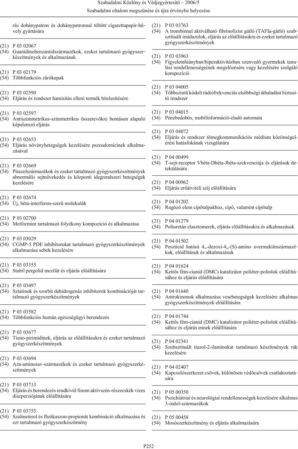 02653 (54) Eljárás növénybetegségek kezelésére pszeudomicinek alkalmazásával (21) P 03 02669 (54) Pirazolszármazékok és ezeket tartalmazó abnormális sejtnövekedés és központi idegrendszeri betegségek