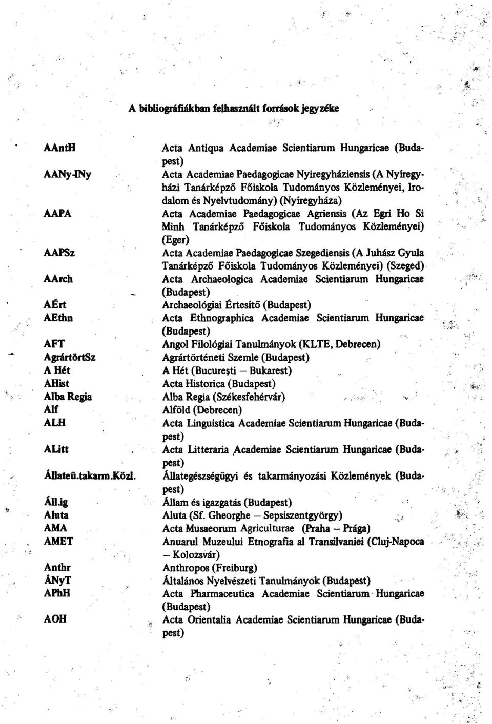 Közleményei, Irodalom és Nyelvtudomány) (Nyíregyháza) Acta Academiae Paedagogicae Agríensis (Az Egri Ho Si Minh Tanárképző Főiskola Tudományos Közleményei) (Eger) Acta Academiae Paedagogicae