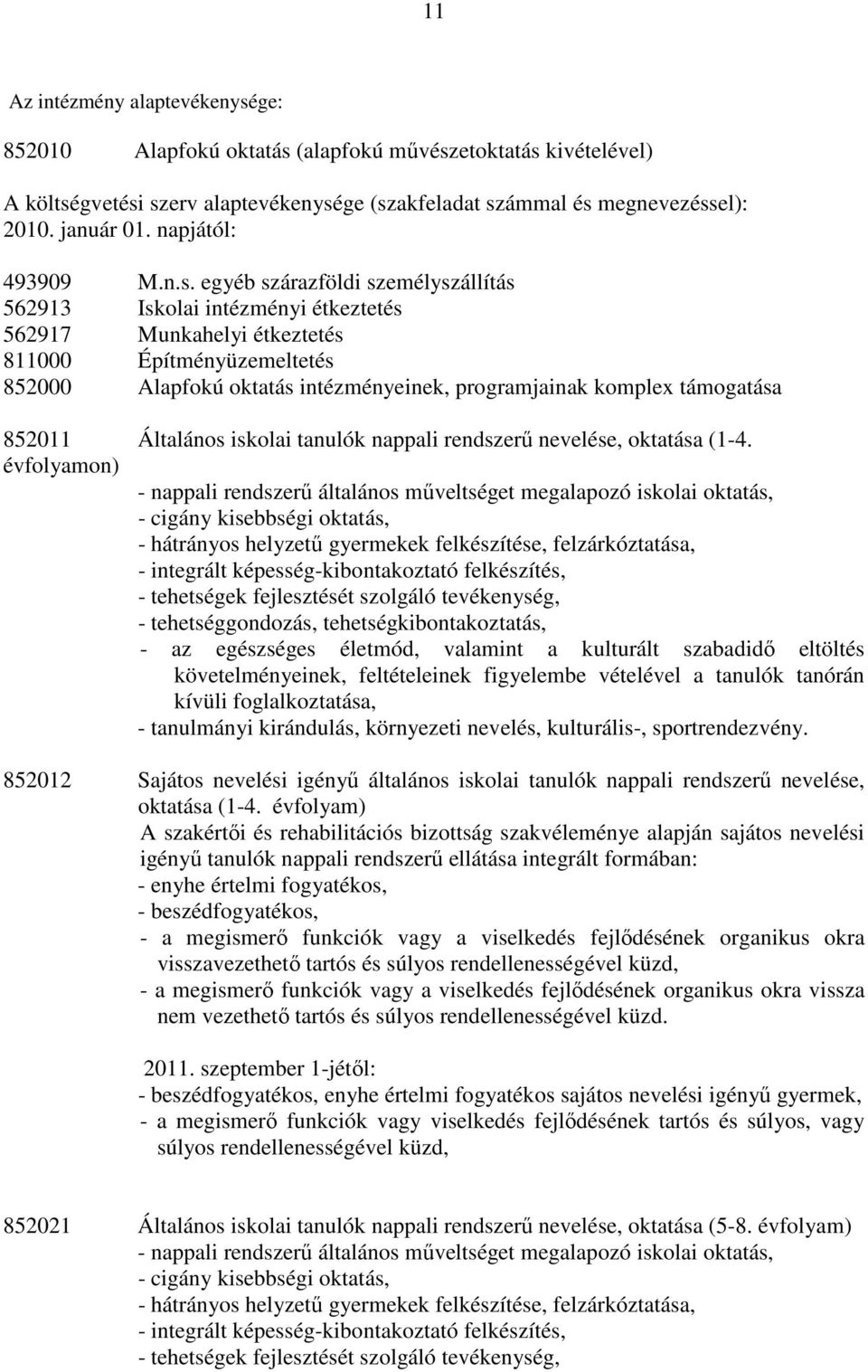 egyéb szárazföldi személyszállítás 562913 Iskolai intézményi étkeztetés 562917 Munkahelyi étkeztetés 811000 Építményüzemeltetés 852000 Alapfokú oktatás intézményeinek, programjainak komplex