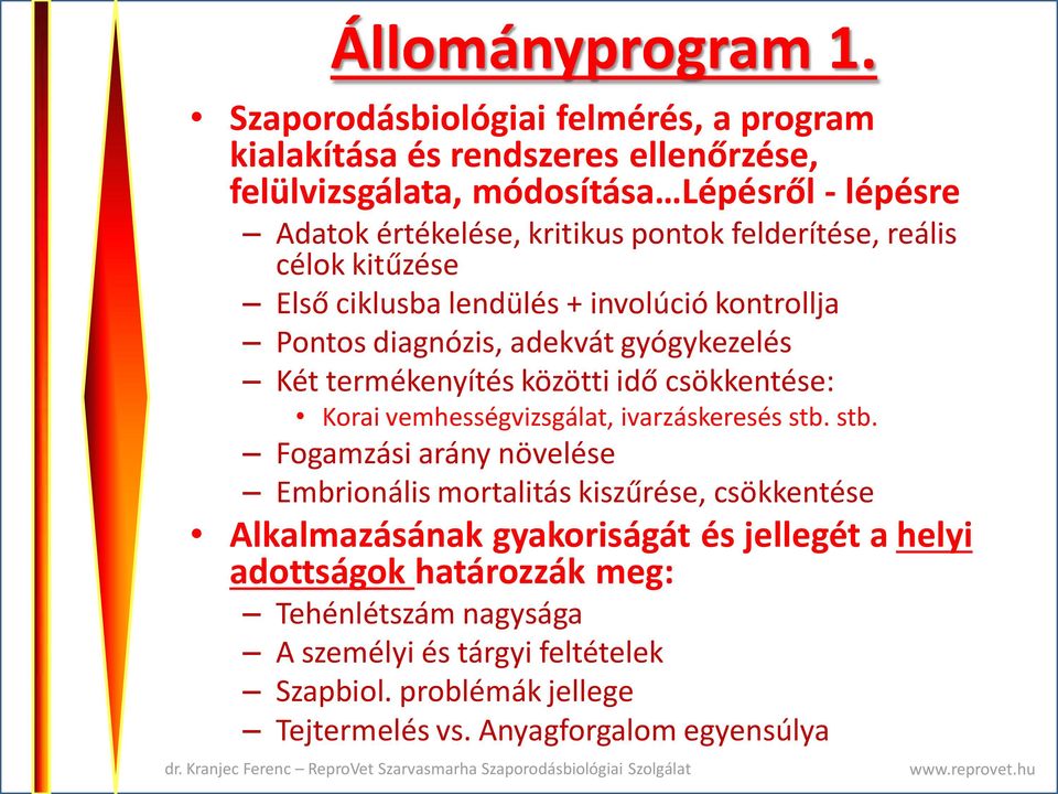 felderítése, reális célok kitűzése Első ciklusba lendülés + involúció kontrollja Pontos diagnózis, adekvát gyógykezelés Két termékenyítés közötti idő csökkentése: