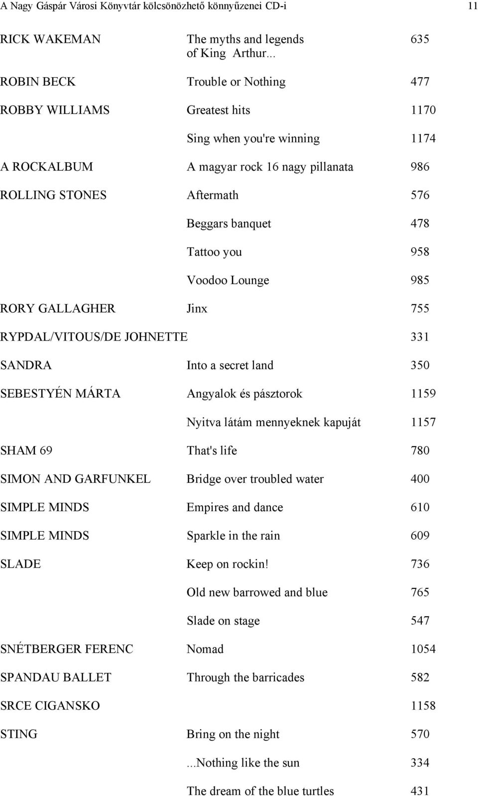 Tattoo you 958 Voodoo Lounge 985 RORY GALLAGHER Jinx 755 RYPDAL/VITOUS/DE JOHNETTE 331 SANDRA Into a secret land 350 SEBESTYÉN MÁRTA Angyalok és pásztorok 1159 Nyitva látám mennyeknek kapuját 1157