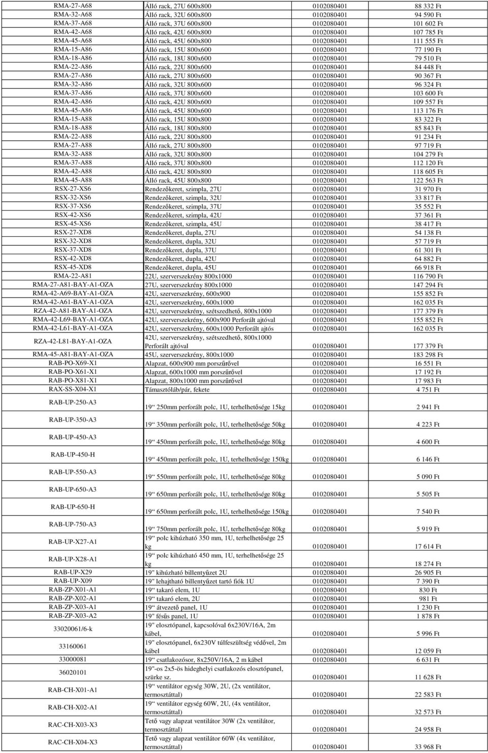 Álló rack, 22U 800x600 0102080401 84 448 Ft RMA-27-A86 Álló rack, 27U 800x600 0102080401 90 367 Ft RMA-32-A86 Álló rack, 32U 800x600 0102080401 96 324 Ft RMA-37-A86 Álló rack, 37U 800x600 0102080401