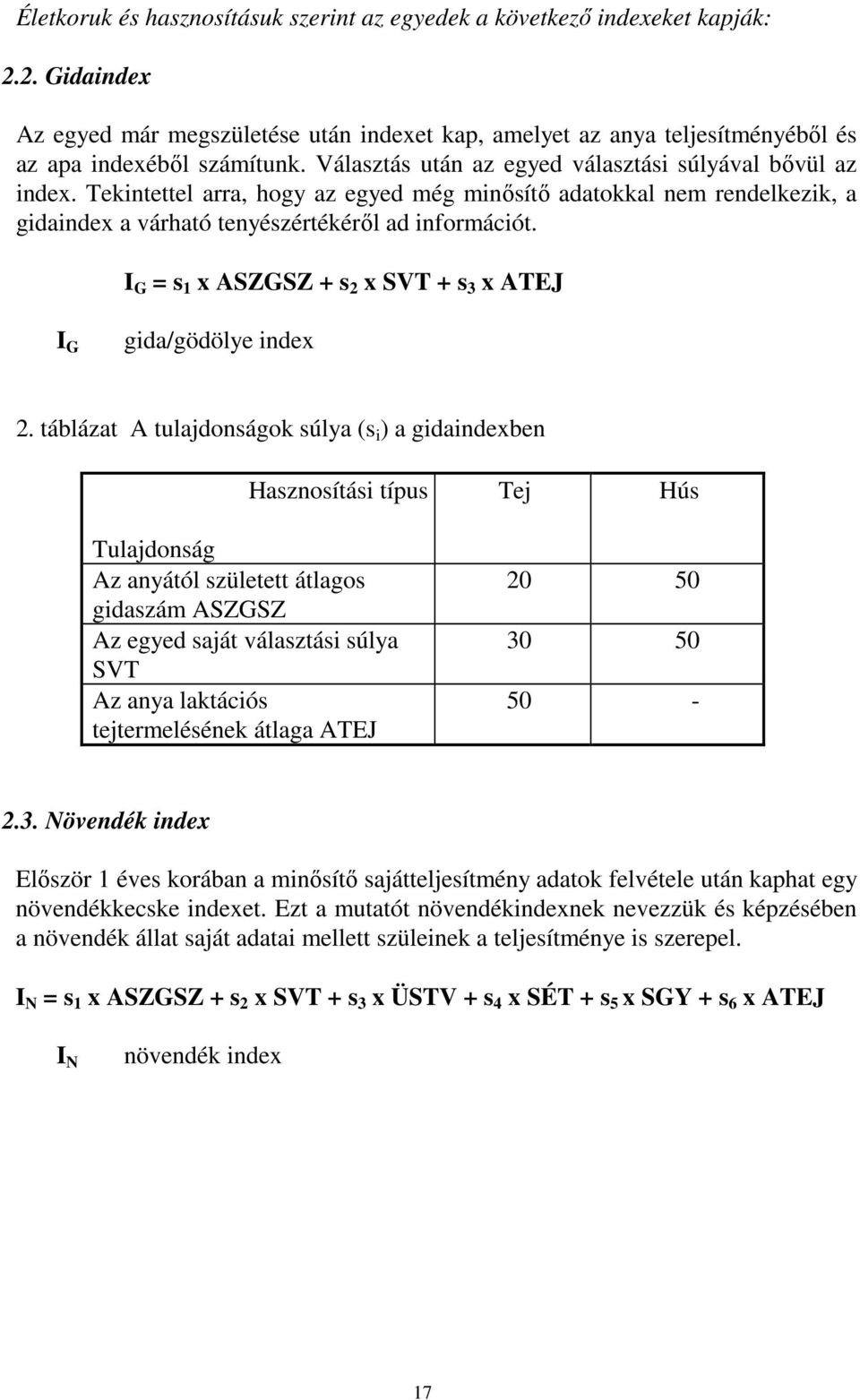 I G = s 1 x ASZGSZ + s 2 x SVT + s 3 x ATEJ I G gida/gödölye index 2.