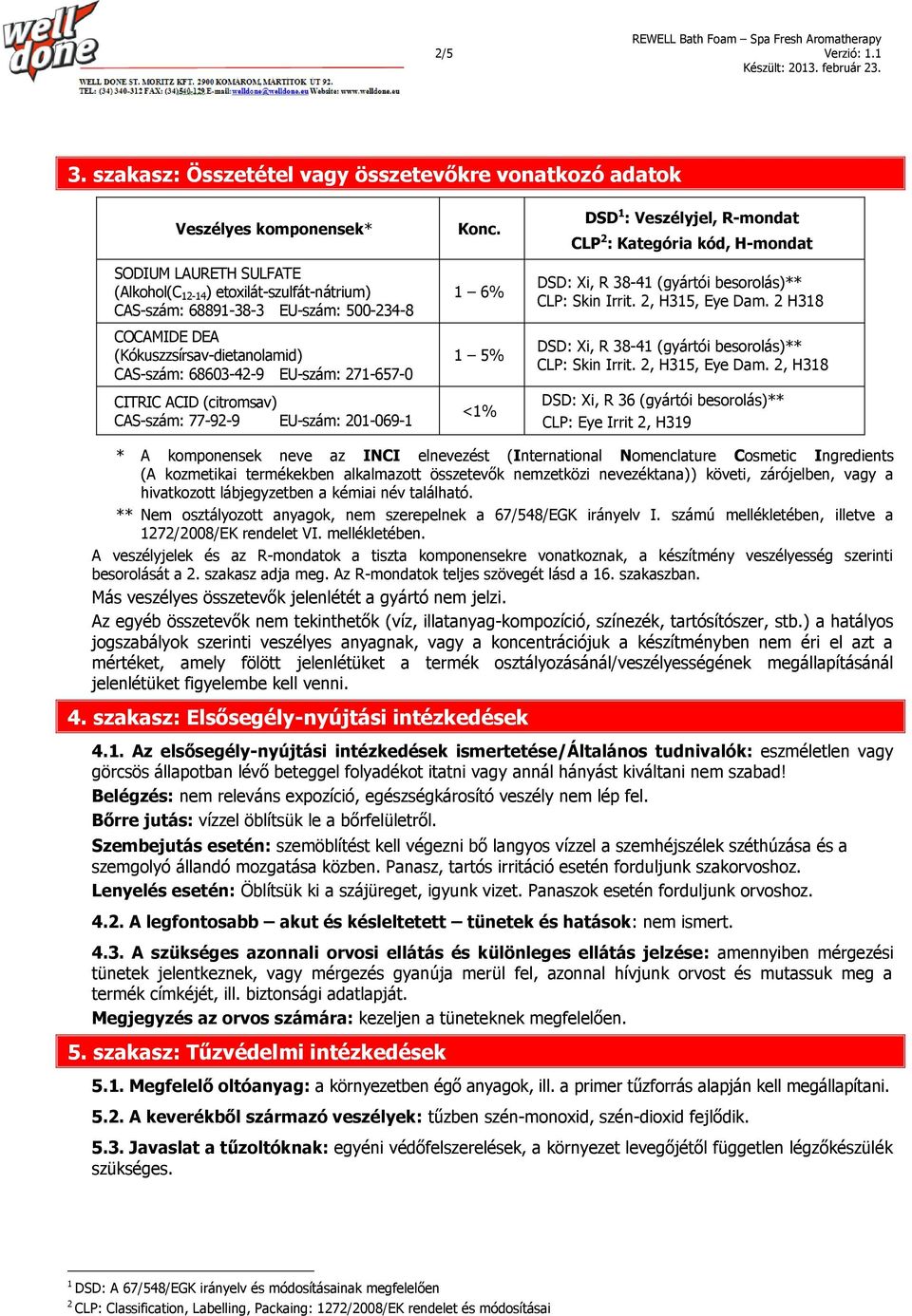 (Kókuszzsírsav-dietanolamid) CAS-szám: 68603-42-9 EU-szám: 271-657-0 CITRIC ACID (citromsav) CAS-szám: 77-92-9 EU-szám: 201-069-1 Konc.