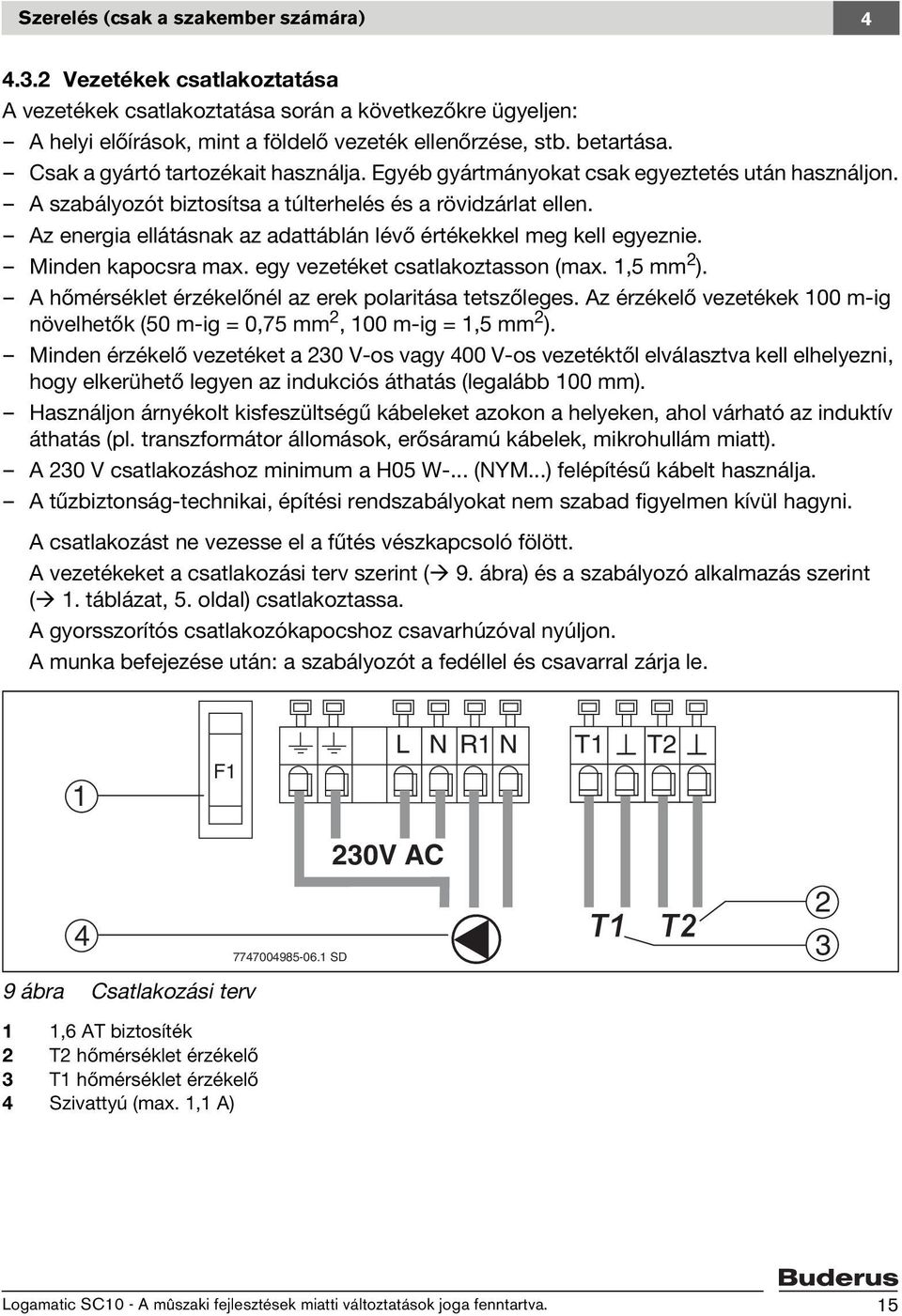 Az energia ellátásnak az adattáblán lévő értékekkel meg kell egyeznie. Minden kapocsra max. egy vezetéket csatlakoztasson (max. 1,5 mm 2 ). A hőmérséklet érzékelőnél az erek polaritása tetszőleges.