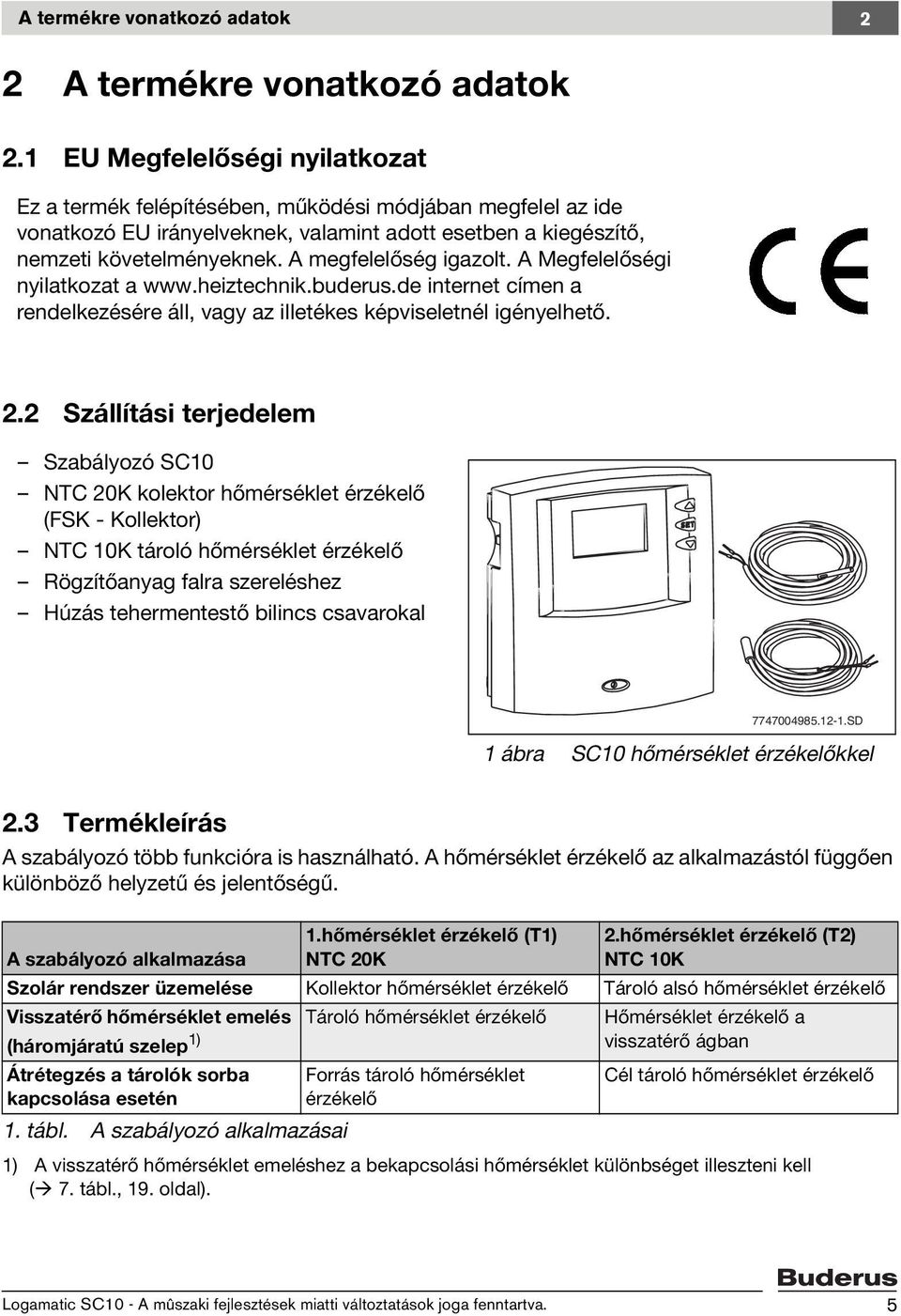 A megfelelőség igazolt. A Megfelelőségi nyilatkozat a www.heiztechnik.buderus.de internet címen a rendelkezésére áll, vagy az illetékes képviseletnél igényelhető. 2.