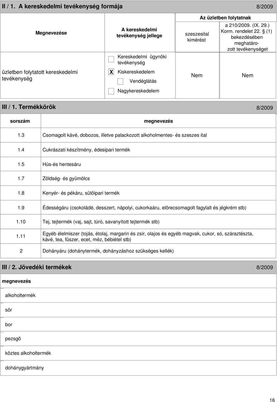 3 Csomagolt kávé, dobozos, illetve palackozott alkoholmentes- és szeszes ital 1.4 Cukrászati készítmény, édesipari termék 1.5 Hús-és hentesáru 1.7 Zöldség- és gyümölcs 1.