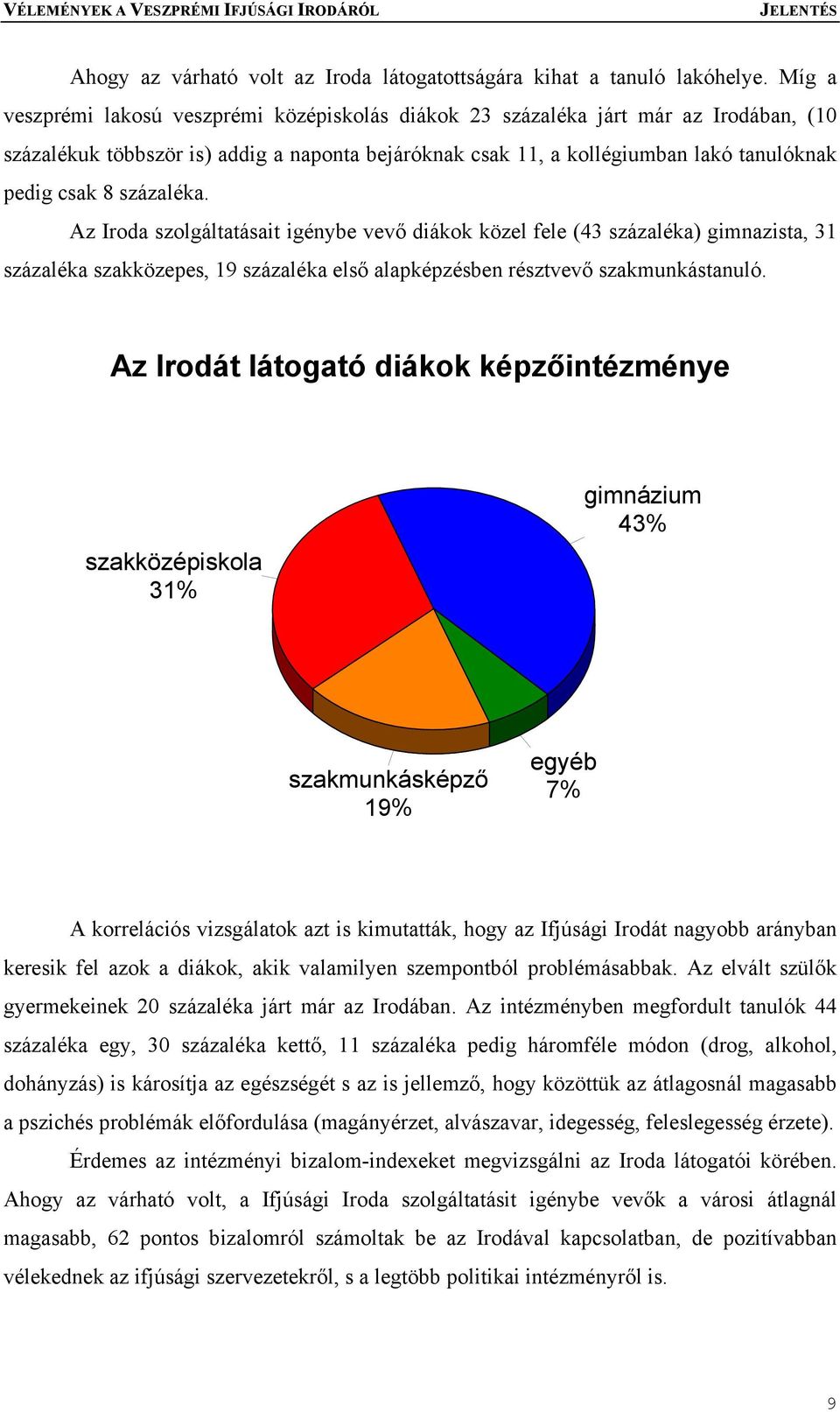 százaléka. Az Iroda szolgáltatásait igénybe vevő diákok közel fele (43 százaléka) gimnazista, 31 százaléka szakközepes, 19 százaléka első alapképzésben résztvevő szakmunkástanuló.