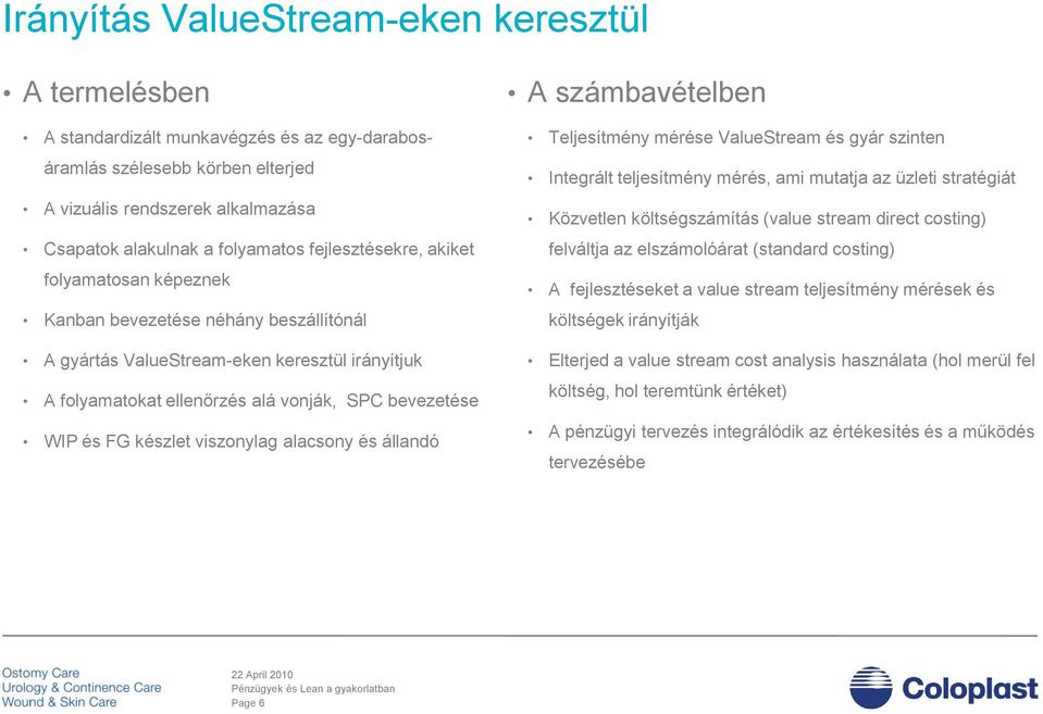 készlet viszonylag alacsony és állandó A számbavételben Teljesítmény mérése ValueStream és gyár szinten Integrált teljesítmény mérés, ami mutatja az üzleti stratégiát Közvetlen költségszámítás (value