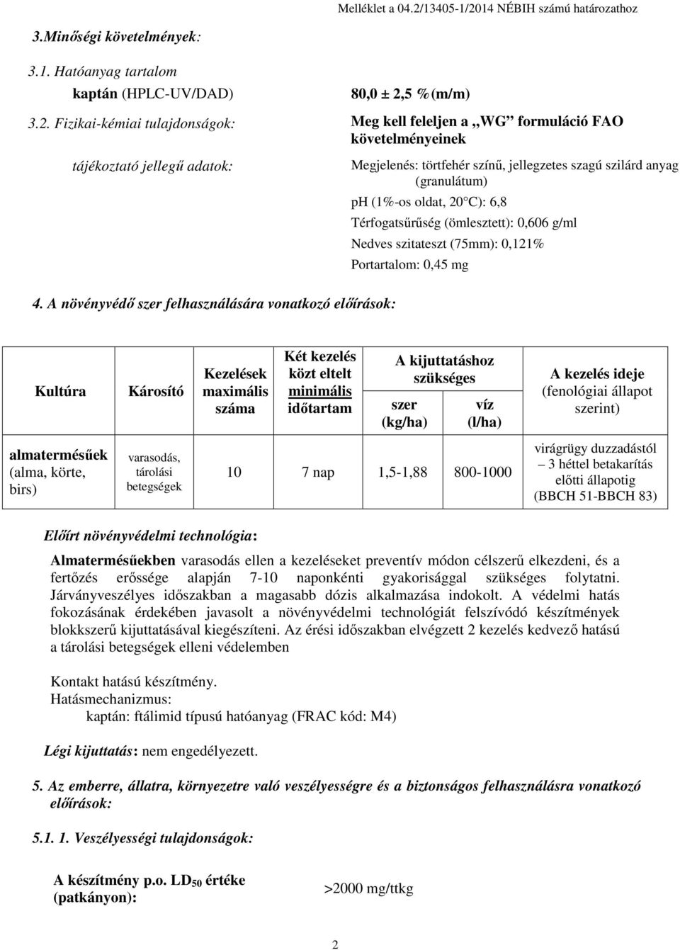 14 NÉBIH számú határozathoz 3.Minőségi követelmények: 3.1. Hatóanyag tartalom kaptán (HPLC-UV/DAD) 80,0 ± 2,