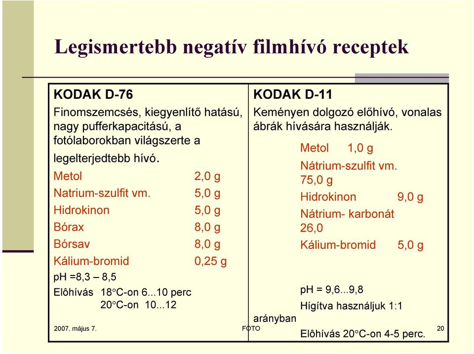 5,0 g Hidrokinon 5,0 g Bórax 8,0 g Bórsav 8,0 g Kálium-bromid 0,25 g ph =8,3 8,5 Elôhívás 18 C-on 6...10 perc 20 C-on 10.