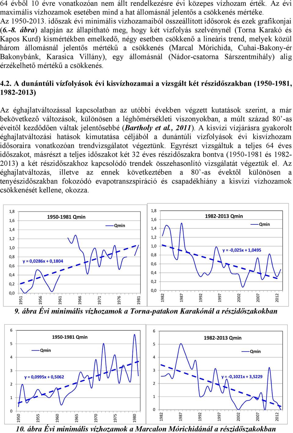 ábra) alapján az állapítható meg, hogy két vízfolyás szelvénynél (Torna Karakó és Kapos Kurd) kismértékben emelkedő, négy esetben csökkenő a lineáris trend, melyek közül három állomásnál jelentős