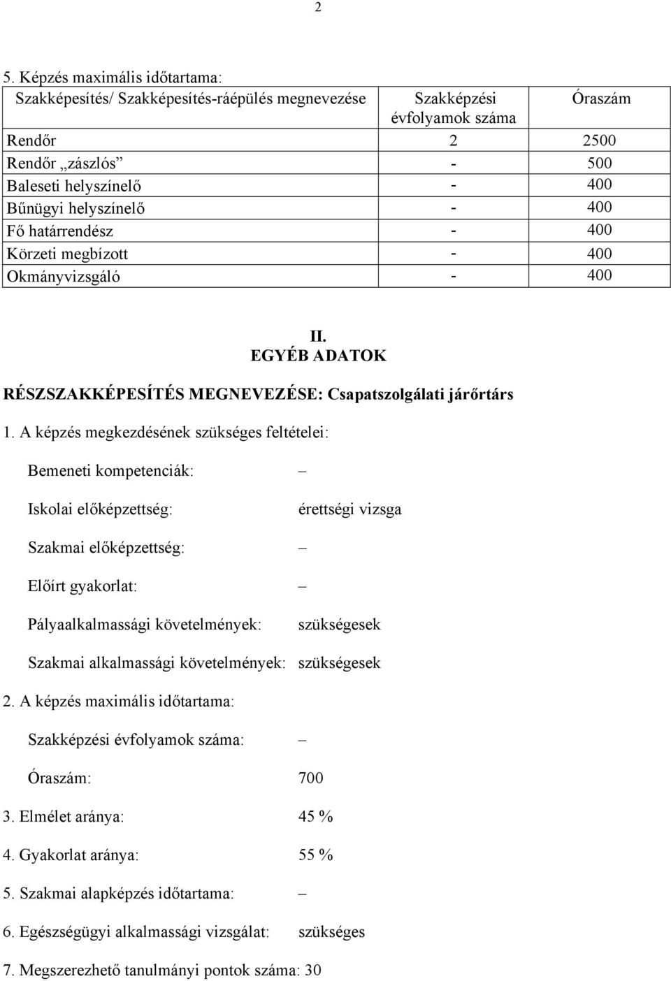 A képzés megkezdésének szükséges feltételei: emeneti kompetenciák: Iskolai előképzettség: érettségi vizsga Szakmai előképzettség: Előírt gyakorlat: Pályaalkalmassági követelmények: szükségesek