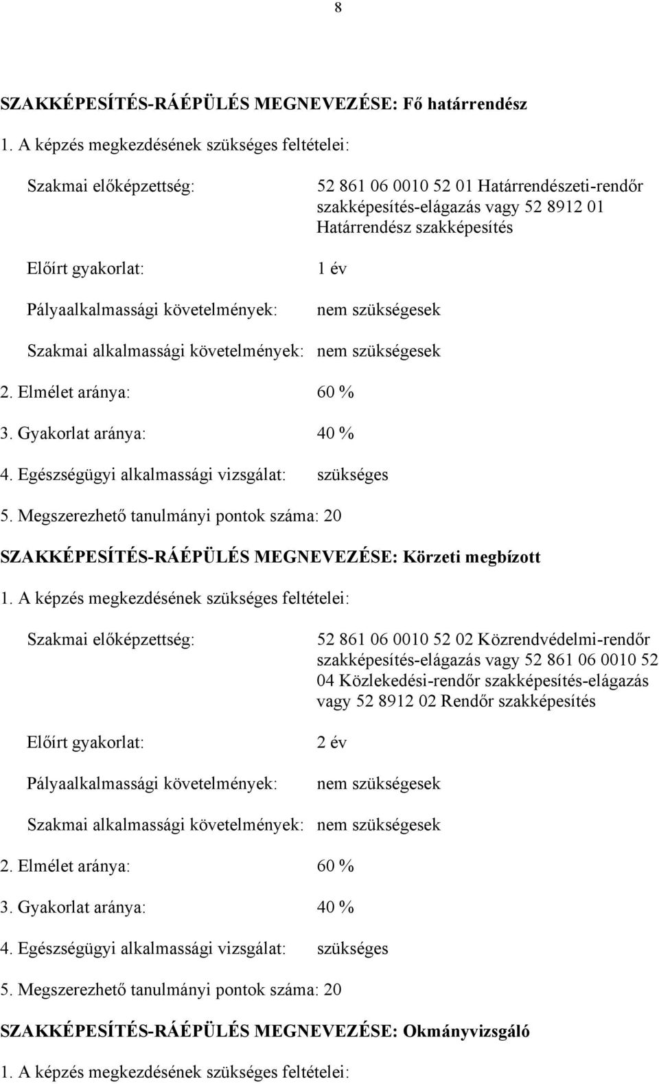 01 Határrendész szakképesítés 1 év nem szükségesek Szakmai alkalmassági követelmények: nem szükségesek 2. Elmélet aránya: 60 % 3. Gyakorlat aránya: 40 % 4.