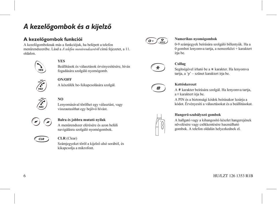 NO Lenyomásával törölhet egy választást, vagy visszautasíthat egy bejövõ hívást. Balra és jobbra mutató nyilak A menürendszer elérésére és azon belüli navigálásra szolgáló nyomógombok.