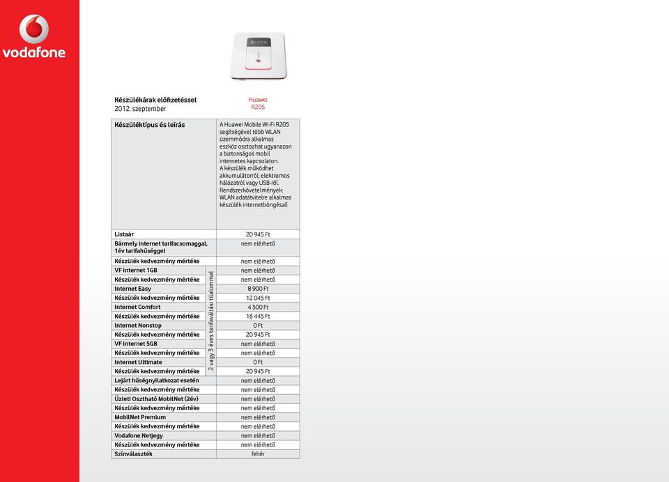 Rendszerkövetelmények: WLAN adatátvitelre alkalmas készülék internetböngésző Listaár Bármely internet tarifacsomaggal, 1év tarifahűséggel Készülék kedvezmény mértéke VF Internet 1GB Készülék