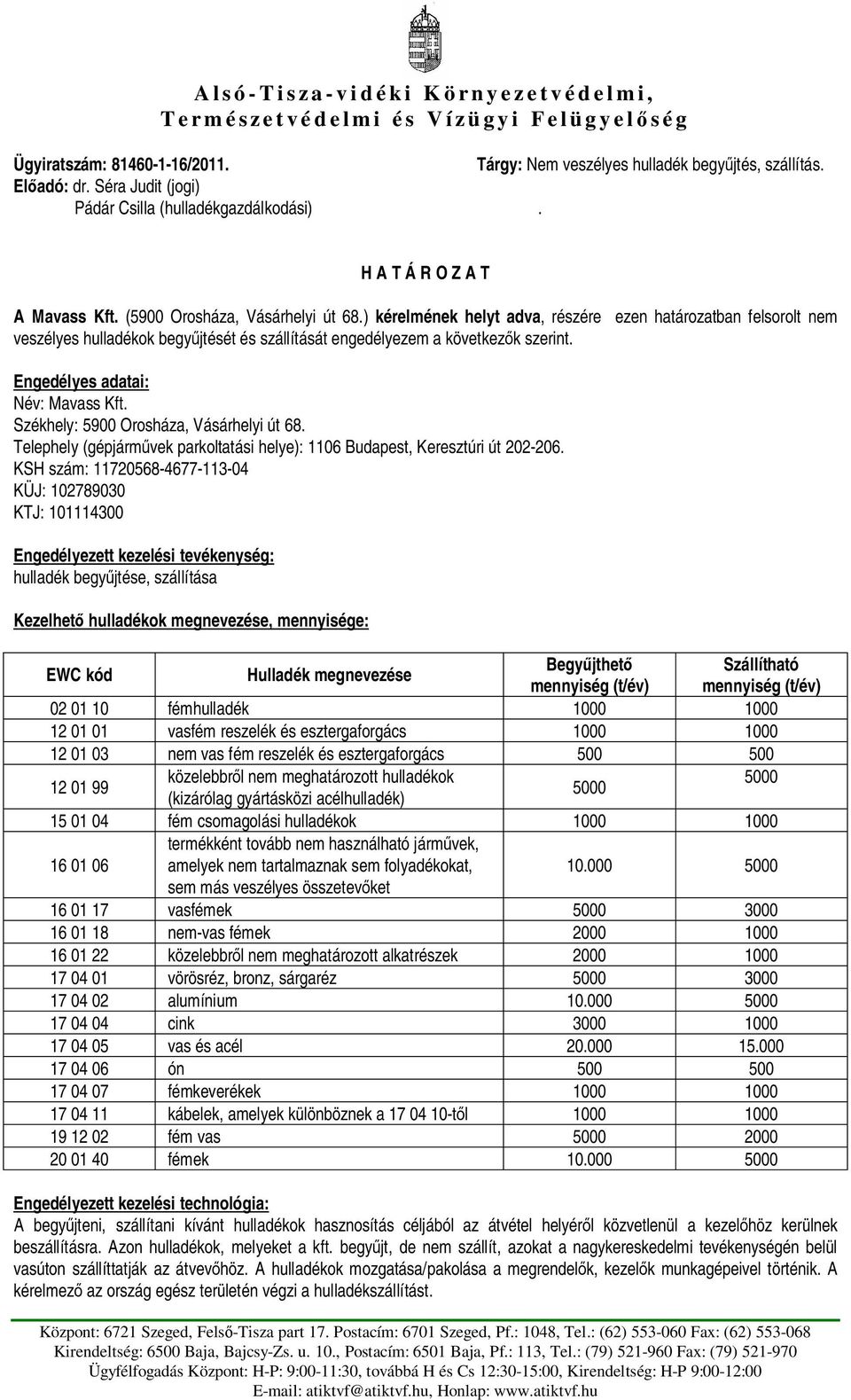 ) kérelmének helyt adva, részére ezen határozatban felsorolt nem veszélyes hulladékok begy jtését és szállítását engedélyezem a következ k szerint. Engedélyes adatai: Név: Mavass Kft.