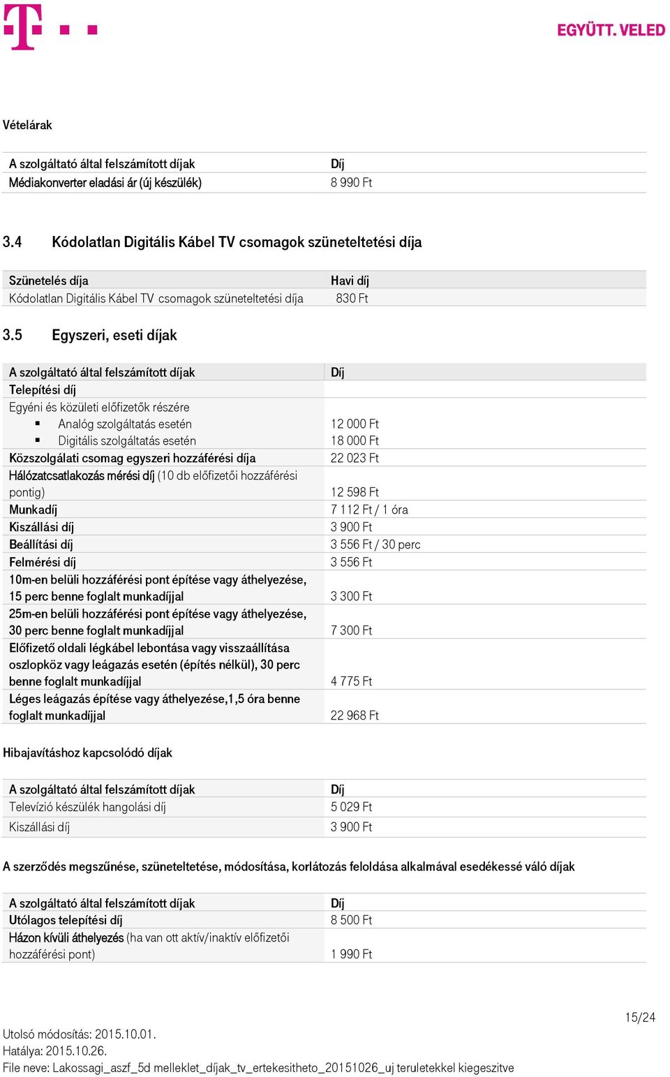 5 Egyszeri, eseti díjak A szolgáltató által felszámított díjak Telepítési díj Egyéni és közületi előfizetők részére Analóg szolgáltatás esetén 12 000 Ft Digitális szolgáltatás esetén 18 000 Ft