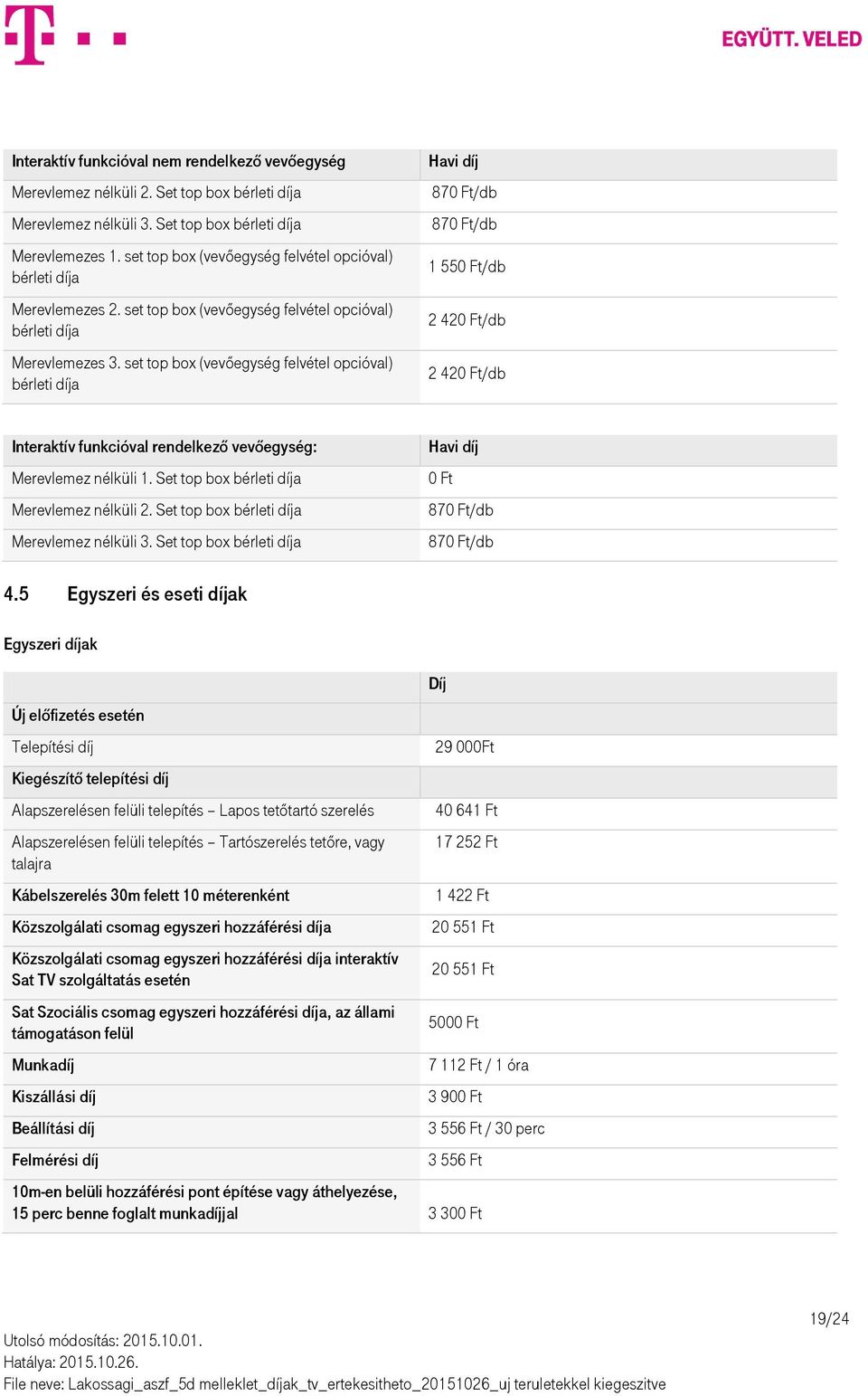 set top box (vevőegység felvétel opcióval) bérleti díja 870 Ft/db 870 Ft/db 1 550 Ft/db 2 420 Ft/db 2 420 Ft/db Interaktív funkcióval rendelkező vevőegység: Merevlemez nélküli 1.