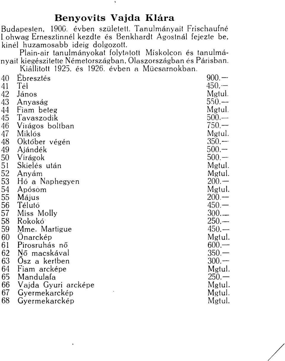 - 41 Tél 450-42 János Mgtul. 43 Anyaság 550. 44 Fiam beteg Mgtul. 45 Tavaszodik 500. 46 Virágos boltban 7^0. 47 Miklós Mgtul. 48 Október végén 350. 49 Ajándék 500-50 Virágok 500-51 Skielés után Mgtul.