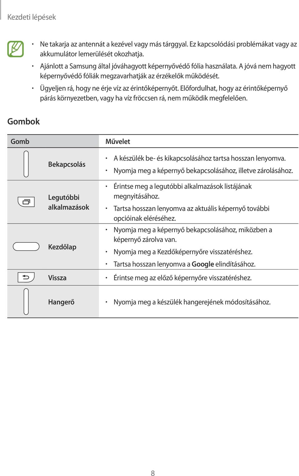 Előfordulhat, hogy az érintőképernyő párás környezetben, vagy ha víz fröccsen rá, nem működik megfelelően.