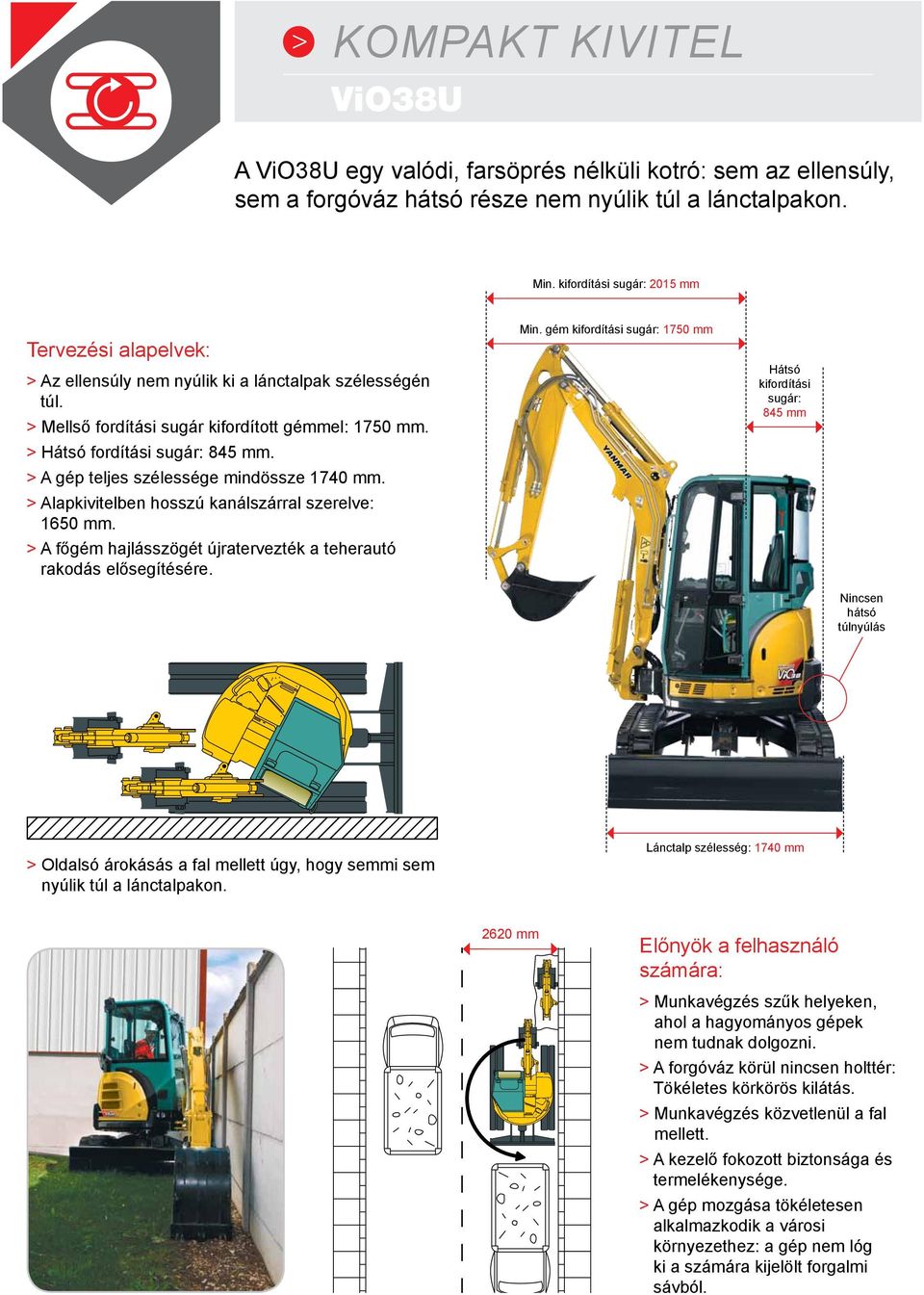 > A gép teljes szélessége mindössze 1740 mm. > Alapkivitelben hosszú kanálszárral szerelve: 1650 mm. > A főgém hajlásszögét újratervezték a teherautó rakodás elősegítésére. Min.