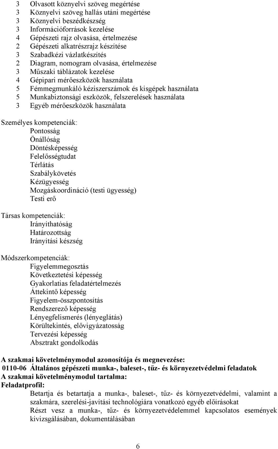 kisgépek használata 5 Munkabiztonsági eszközök, felszerelések használata 3 Egyéb mérőeszközök használata Személyes kompetenciák: Pontosság Önállóság Döntésképesség Felelősségtudat Térlátás