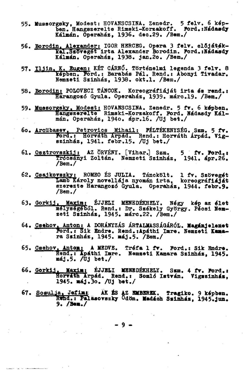 : Abonyi Tivadar. Nemzeti Szinház, 1938. okt.l. 58. Borodin: POLOVBCI TÁNCOK. Koreográfiáját irta és rend.: Harangozó Gyula. Operaház, 1939. márc.19. 59. Mussorgsky. Modest: HOVANSCSINA. Zenedr. 5 fv.