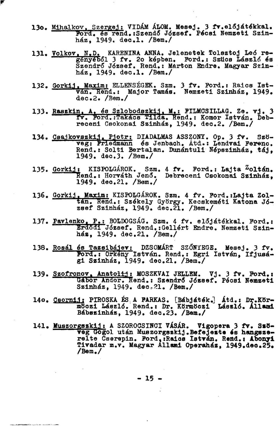 Nemzeti Szinház, 1949. dec.2. 133. Raszkin. A. és Szlobodszki.1. M.: FILMCSILLAG. Ze. v j. 3 rv. Ford.:Takács Tilda. Rend.: Komor István. Debreceni Csokonai Szinház, 1949. dec.2. 134. Csajkovszkij.