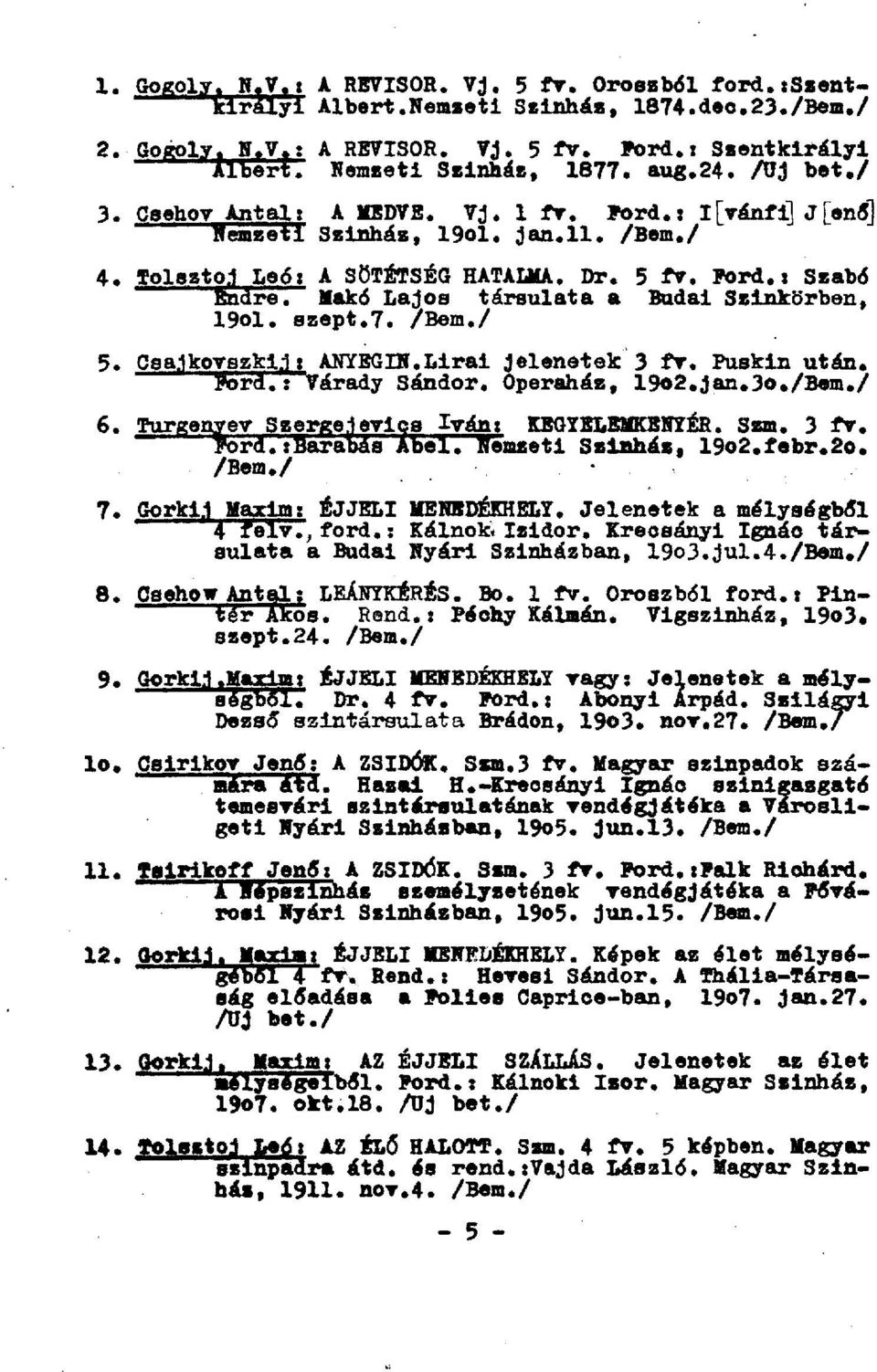 Makó Lajos társulata a Budai Színkörben, 19ol. szept.7. 5. Csajkovszkij t ANYEGIN.Lirai jelenetek 3 fv. Puskin után. Pord.: Várady Sándor. Operaház, 19o2.jan.3o. 6.