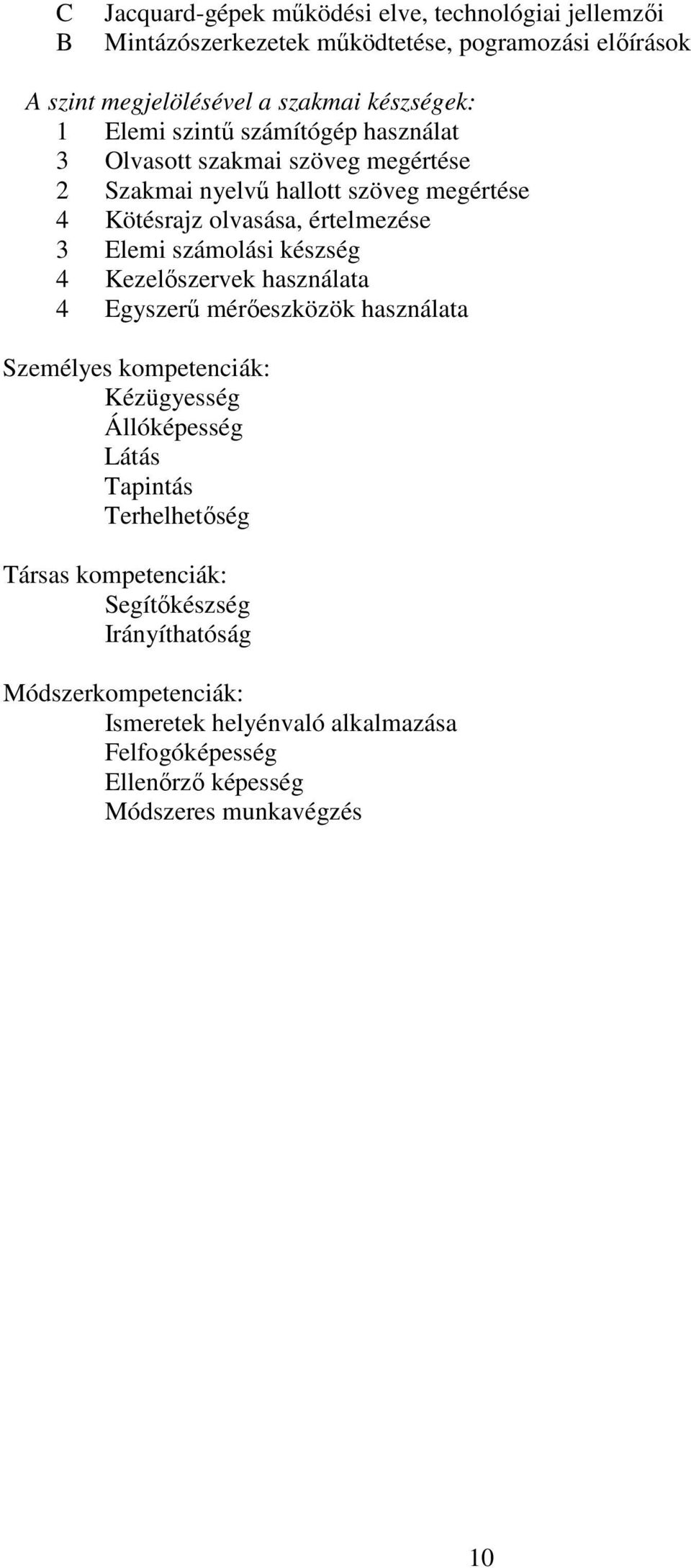 számolási készség 4 Kezelőszervek használata 4 Egyszerű mérőeszközök használata Személyes kompetenciák: Kézügyesség Állóképesség Látás Tapintás Terhelhetőség