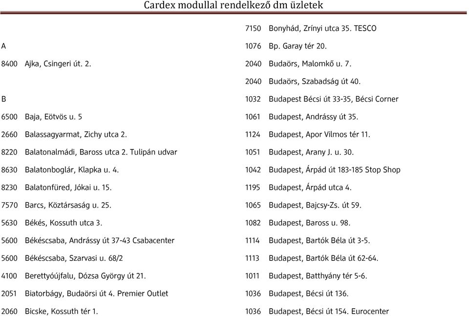 5630 Békés, Kossuth utca 3. 5600 Békéscsaba, Andrássy út 37-43 Csabacenter 5600 Békéscsaba, Szarvasi u. 68/2 4100 Berettyóújfalu, Dózsa György út 21. 2051 Biatorbágy, Budaörsi út 4.