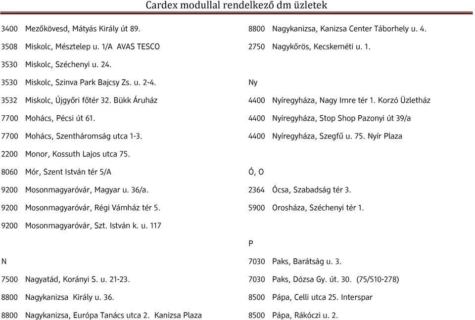 Korzó Üzletház 4400 Nyíregyháza, Stop Shop Pazonyi út 39/a 4400 Nyíregyháza, Szegfű u. 75. Nyír Plaza 2200 Monor, Kossuth Lajos utca 75. 8060 Mór, Szent István tér 5/A 9200 Mosonmagyaróvár, Magyar u.