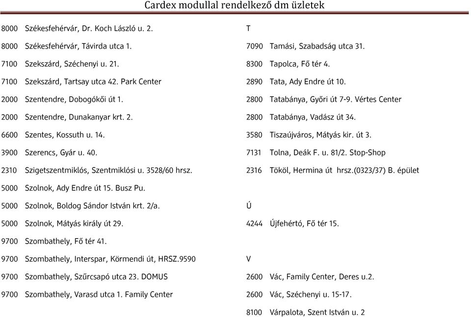 8300 Tapolca, Fő tér 4. 2890 Tata, Ady Endre út 10. 2800 Tatabánya, Győri út 7-9. Vértes Center 2800 Tatabánya, Vadász út 34. 3580 Tiszaújváros, Mátyás kir. út 3. 7131 Tolna, Deák F. u. 81/2.