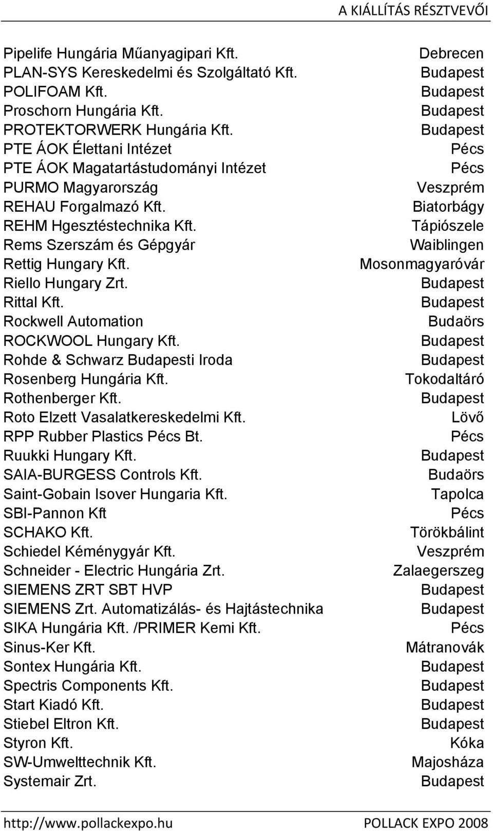 Rittal Kft. Rockwell Automation ROCKWOOL Hungary Kft. Rohde & Schwarz i Iroda Rosenberg Hungária Kft. Rothenberger Kft. Roto Elzett Vasalatkereskedelmi Kft. RPP Rubber Plastics Bt. Ruukki Hungary Kft.